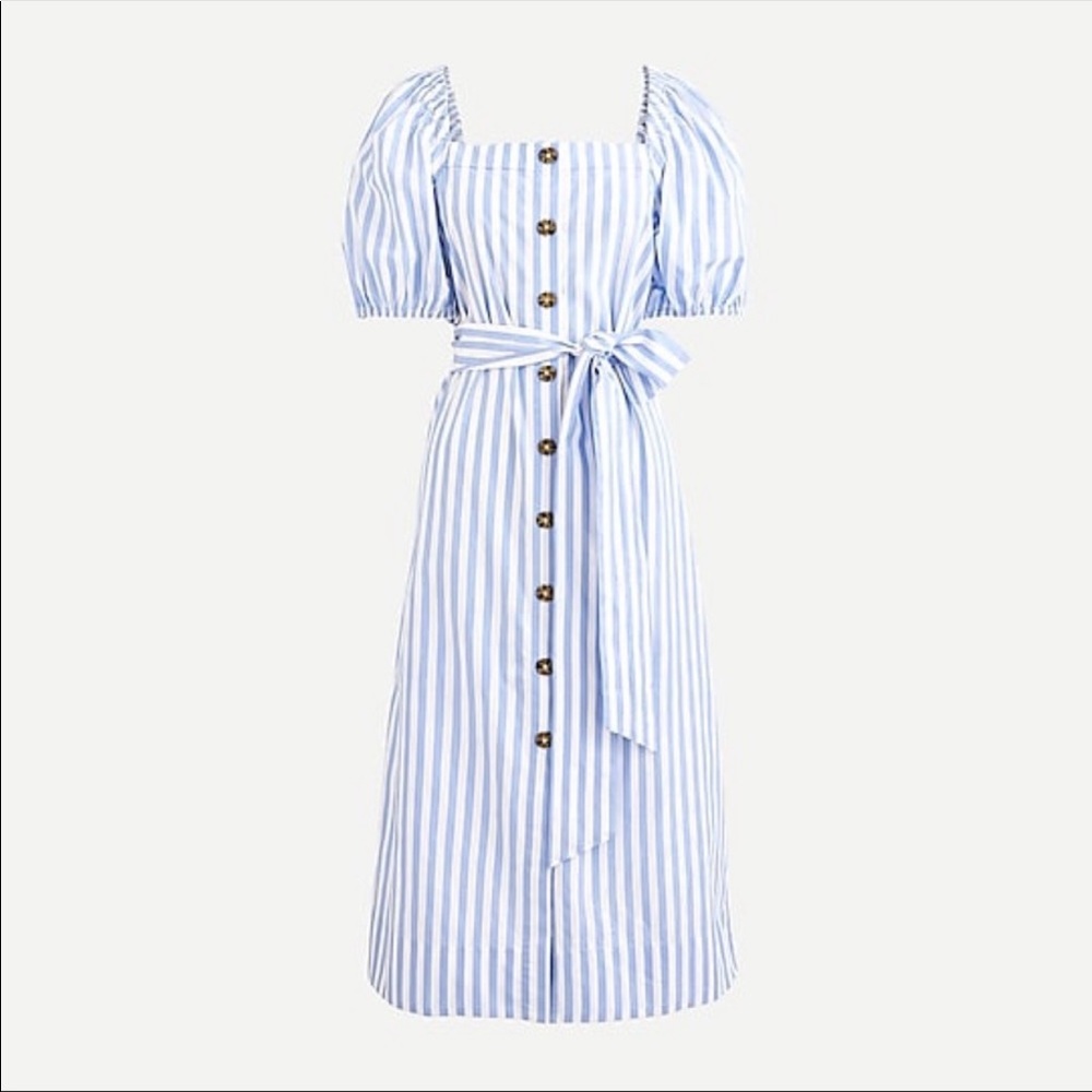 NWT J. Crew Cottage Cotton Blue Striped Puff Sleeve Button Down Dress